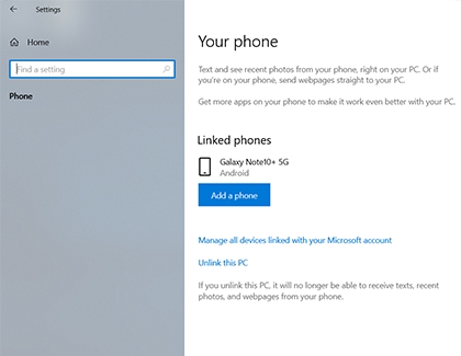 Your phone window with Add a phone option Your phone window with Add a phone option