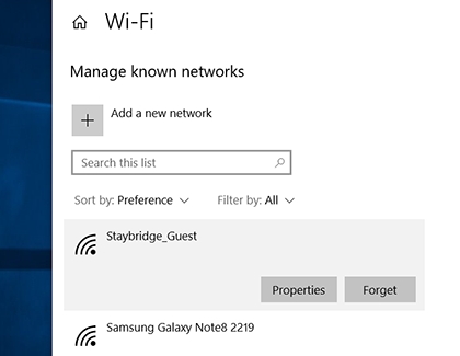 Known networks settings page Known networks settings page