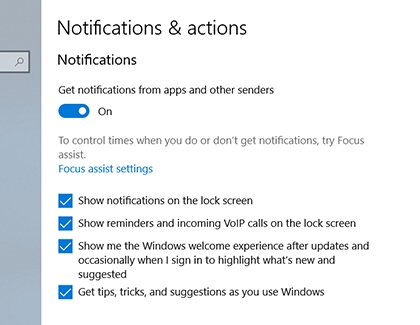 Notifications preferences page for the action center Notifications preferences page for the action center