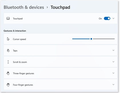 List of settings for Touchpad on a Windows 11 PC