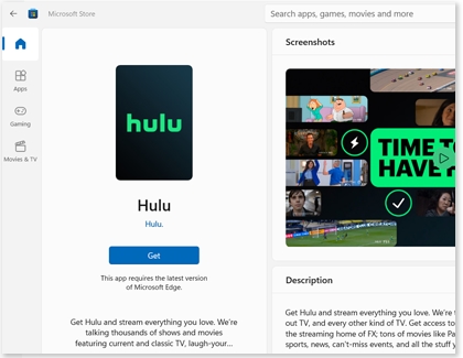 The Hulu app download page in Microsoft Store