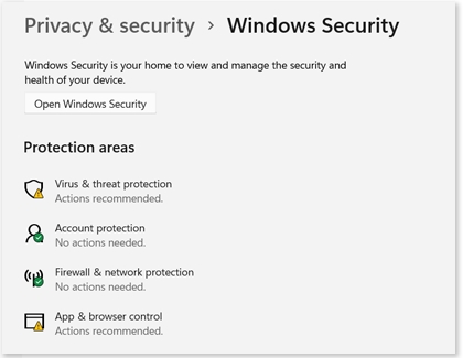 List of options for Windows Security