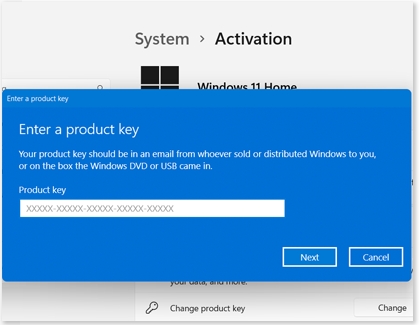 Enter a product key window on a Windows 11 PC