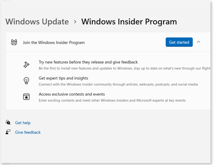 Get started highlighted under Windows Insider Program