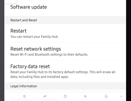 Family Hub Factory data reset menu