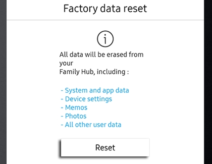 Reset highlighted on a Family Hub smart fridge Reset highlighted on a Family Hub smart fridge