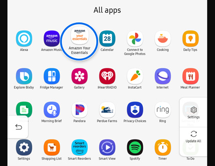 Amazon Your Essentials app highlighted on Family Hub 8.0 app list