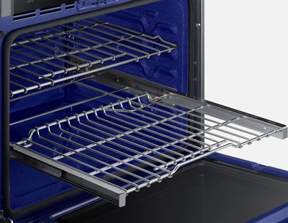 Gliding rack pulled out of a Samsung oven