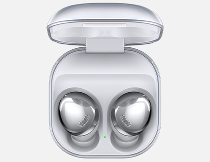 Galaxy Buds Pro charging in the case with green indicator light Galaxy Buds Pro charging in the case with green indicator light