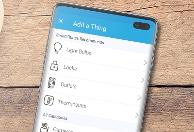 Galaxy S10+ displaying Add a Thing screen in SmartThings Galaxy S10+ displaying Add a Thing screen in SmartThings
