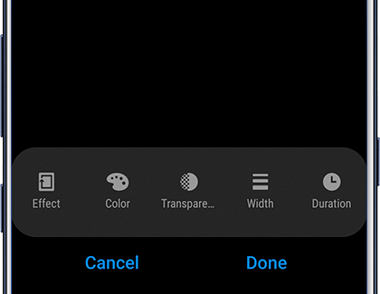 Edit tools for Edge lighting styles: Effect, Color, Transparency, Width, and Duration Edit tools for Edge lighting styles: Effect, Color, Transparency, Width, and Duration
