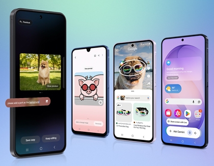 A cluster of four fanned Galaxy A series phones are standing against a gradient background, showing screens with AI photo editing, creative creation, and personalized info.