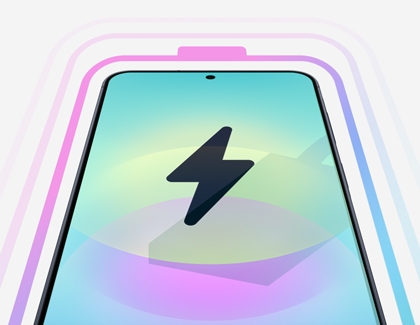 A Galaxy A series phone displaying a large lightning bolt icon on the screen with a glowing neon battery contour outline behind it.