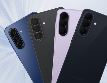 Four colorful Galaxy A series phones fanned out to show their rear panels and vertical triple camera setups.