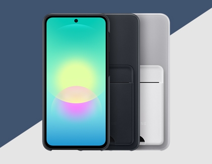 Three Galaxy phones lined up to show the front screen with a colorful wallpaper and the back panels of two card slot cases.
