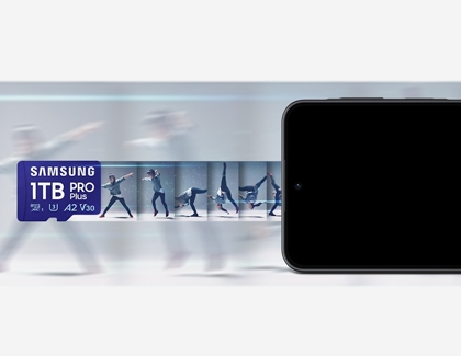 A blue Samsung memory card showing a sequence of dance photos next to a black Galaxy phone.