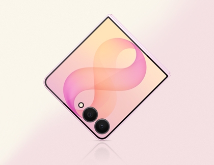 A pink folded Galaxy Z Flip8 angled diagonally to show its cover screen, dual cameras, and a flowing pink wallpaper.