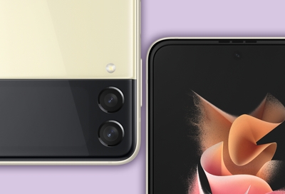 Two Galaxy Z Flip3, one folded and one unfolded showing cameras Two Galaxy Z Flip3, one folded and one unfolded showing cameras