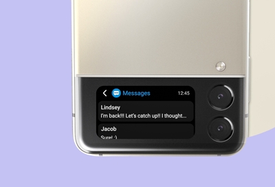 A Galaxy Z Flip3 displaying a notification on its Cover Screen A Galaxy Z Flip3 displaying a notification on its Cover Screen