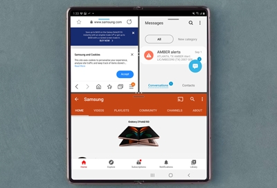 Galaxy Z Fold2 displaying 3 apps in split screen view Galaxy Z Fold2 displaying 3 apps in split screen view