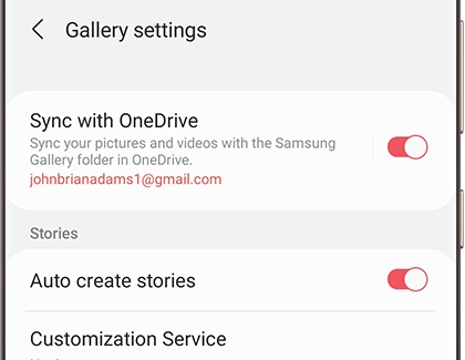 Sync with OneDrive switched on in Gallery settings Sync with OneDrive switched on in Gallery settings