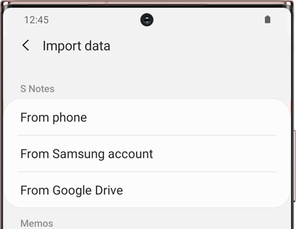 A list of Import data settings with Samsung Notes on a Galaxy phone A list of Import data settings with Samsung Notes on a Galaxy phone