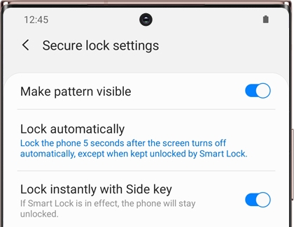 A list of Secure lock settings on a Galaxy phone A list of Secure lock settings on a Galaxy phone