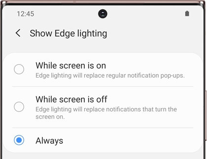 Show Edge lighting screen with a list of options on a Galaxy phone Show Edge lighting screen with a list of options on a Galaxy phone