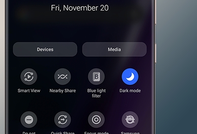 Galaxy Note20 Ultra quick panel with Dark mode enabled Galaxy Note20 Ultra quick panel with Dark mode enabled
