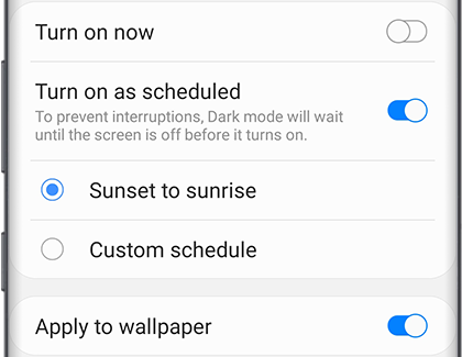 Turn on as scheduled for Dark mode Turn on as scheduled for Dark mode