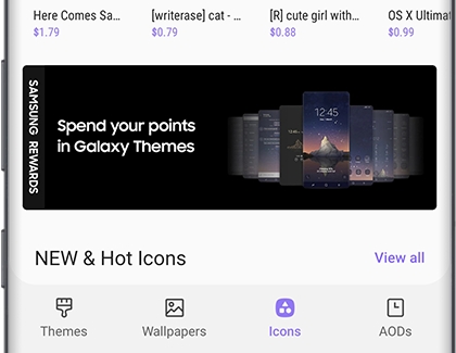 Galaxy Themes screen with Icons tab selected Galaxy Themes screen with Icons tab selected