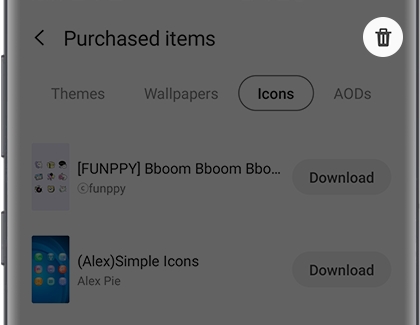 Purchased items screen with Delete icon highlighted Purchased items screen with Delete icon highlighted