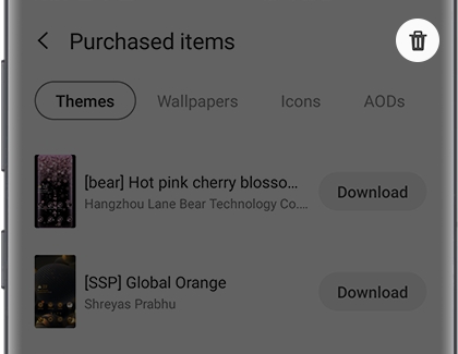 Purchased items screen with Delete icon highlighted Purchased items screen with Delete icon highlighted