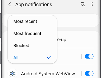 App notifications screen with a drop-down open and All option selected App notifications screen with a drop-down open and All option selected