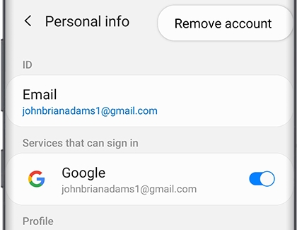 The Remove account option displayed in Samsung account settings The Remove account option displayed in Samsung account settings