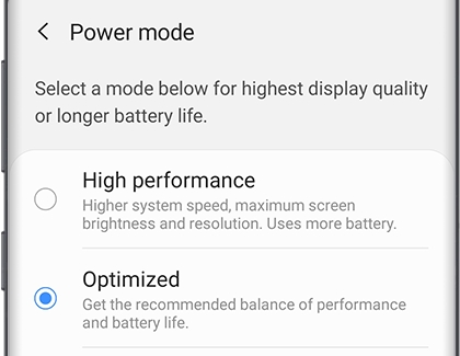 Power mode screen with Optimized chosen Power mode screen with Optimized chosen