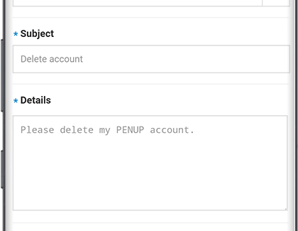 Contact page in PENUP with message about deleteing an account Contact page in PENUP with message about deleteing an account