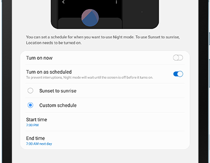 Screen for setting a schedule for Night mode Screen for setting a schedule for Night mode