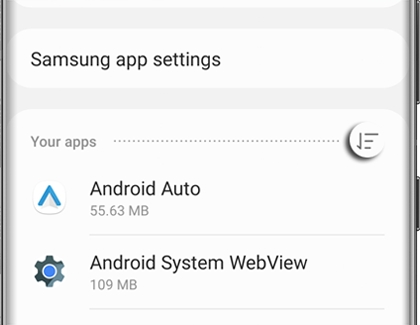 Sort icon highlighted above a list of apps on a Galaxy phone Sort icon highlighted above a list of apps on a Galaxy phone