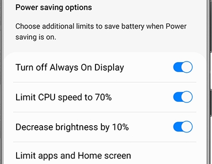 Power saving options switched on with a Galaxy phone