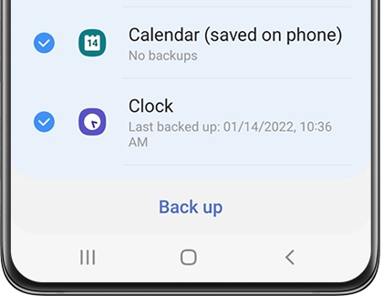 List of data with Back up below them on a Galaxy phone List of data with Back up below them on a Galaxy phone