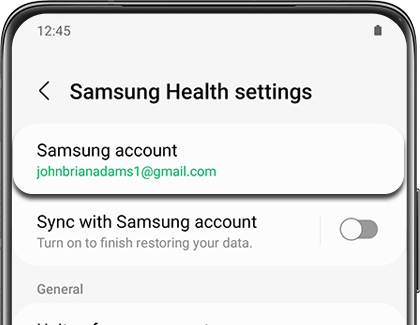 Samsung account highlighted under Samsung Health settings