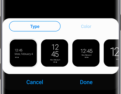 Clock styles listed with Type, Color, Cancel, and Done options Clock styles listed with Type, Color, Cancel, and Done options