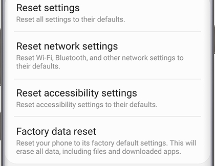 A list of reset settings including Factory data reset A list of reset settings including Factory data reset