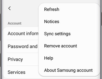Samsung account more options menu on phone Samsung account more options menu on phone