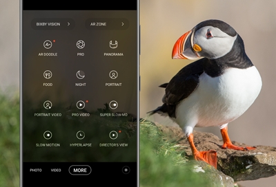 Galaxy S21 Camera modes screen with a puffin as a background image Galaxy S21 Camera modes screen with a puffin as a background image