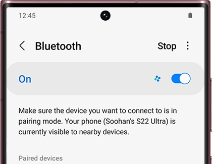 Bluetooth switched on with a Galaxy phone
