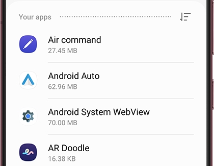 Sort icon highlighted above a list of apps on a Galaxy phone