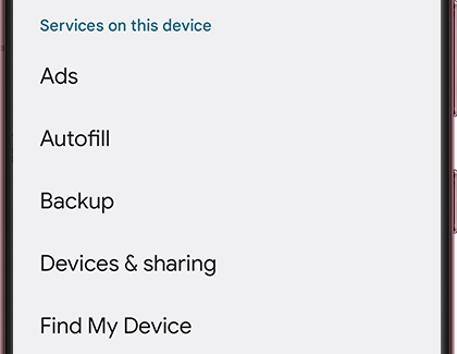 A list of Google settings on a Galaxy phone