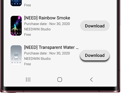 A list of purchased themes with the Download option next to one highlighted